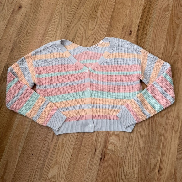 Cotton Blend Striped Colorful Chunky Knit Cardigan Sweater Button Front Large - Picture 15 of 15
